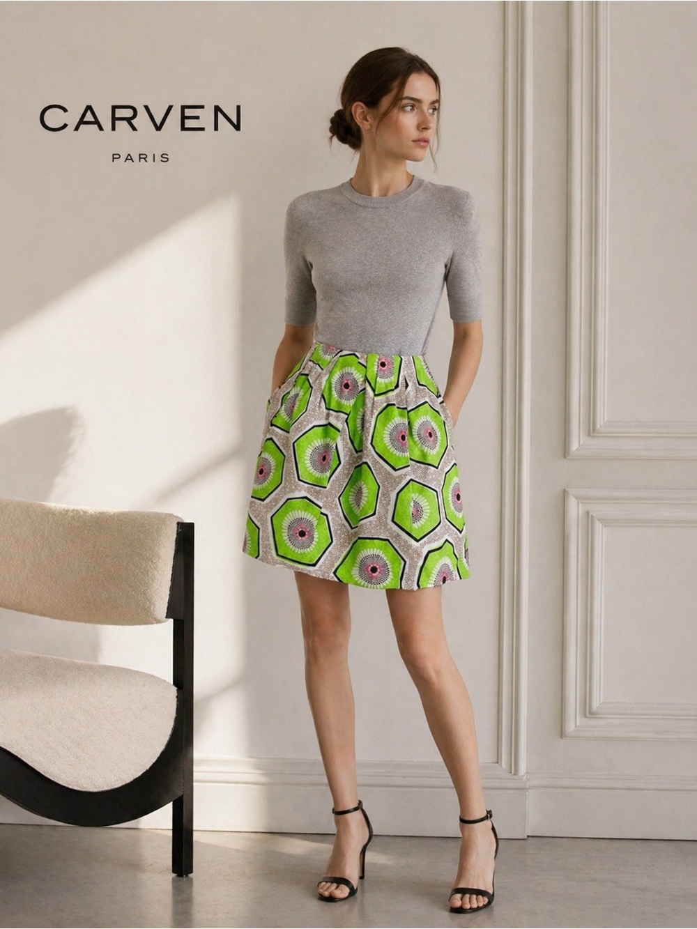 NWT CARVEN Mini Skirt Size US 6 - FR 38 Kiwi‎ Cotton Pleated Lined 290 Mod J52A